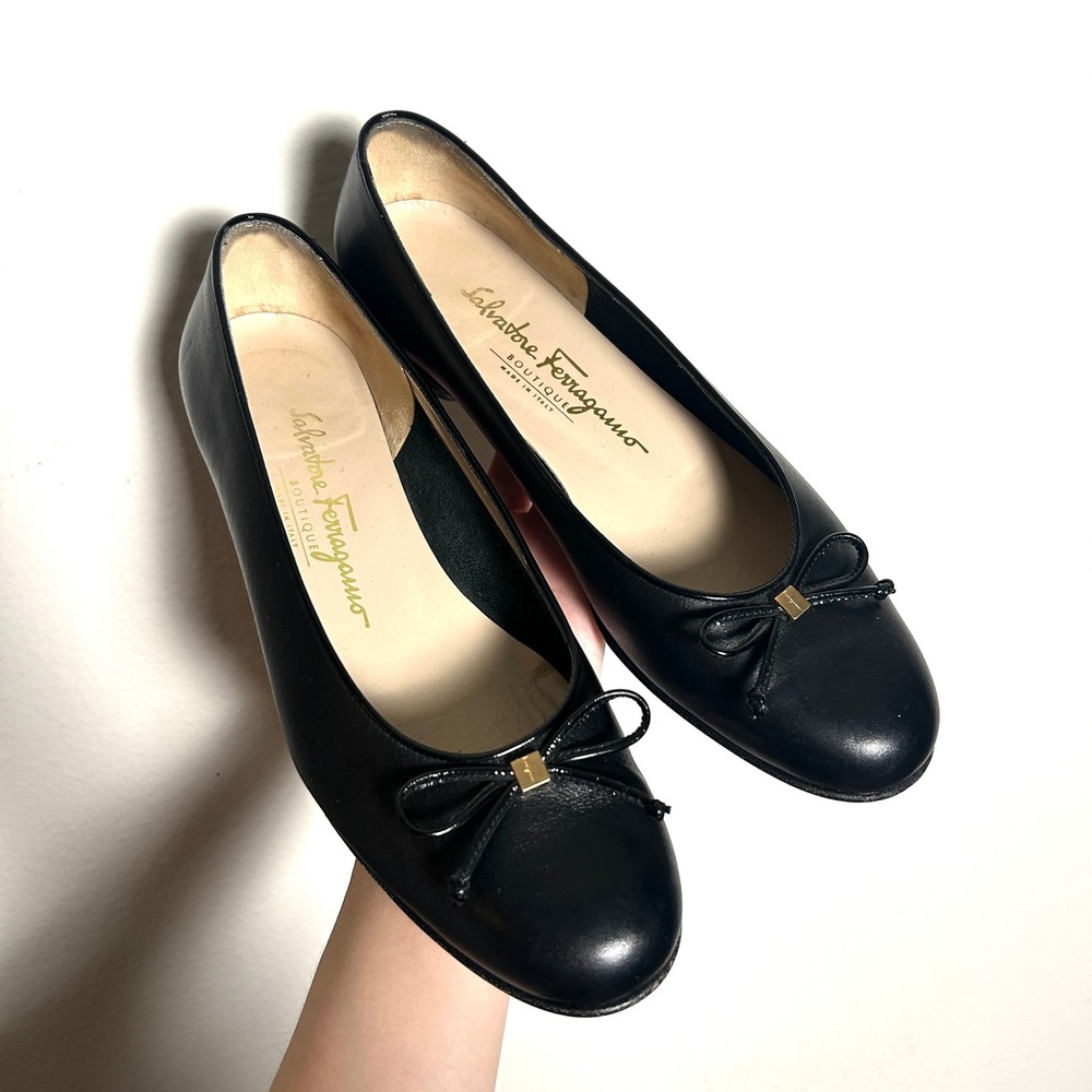 Salvatore Ferragamo Black Leather Bow Boutique Ballet Flat Shoes Womens 7 C